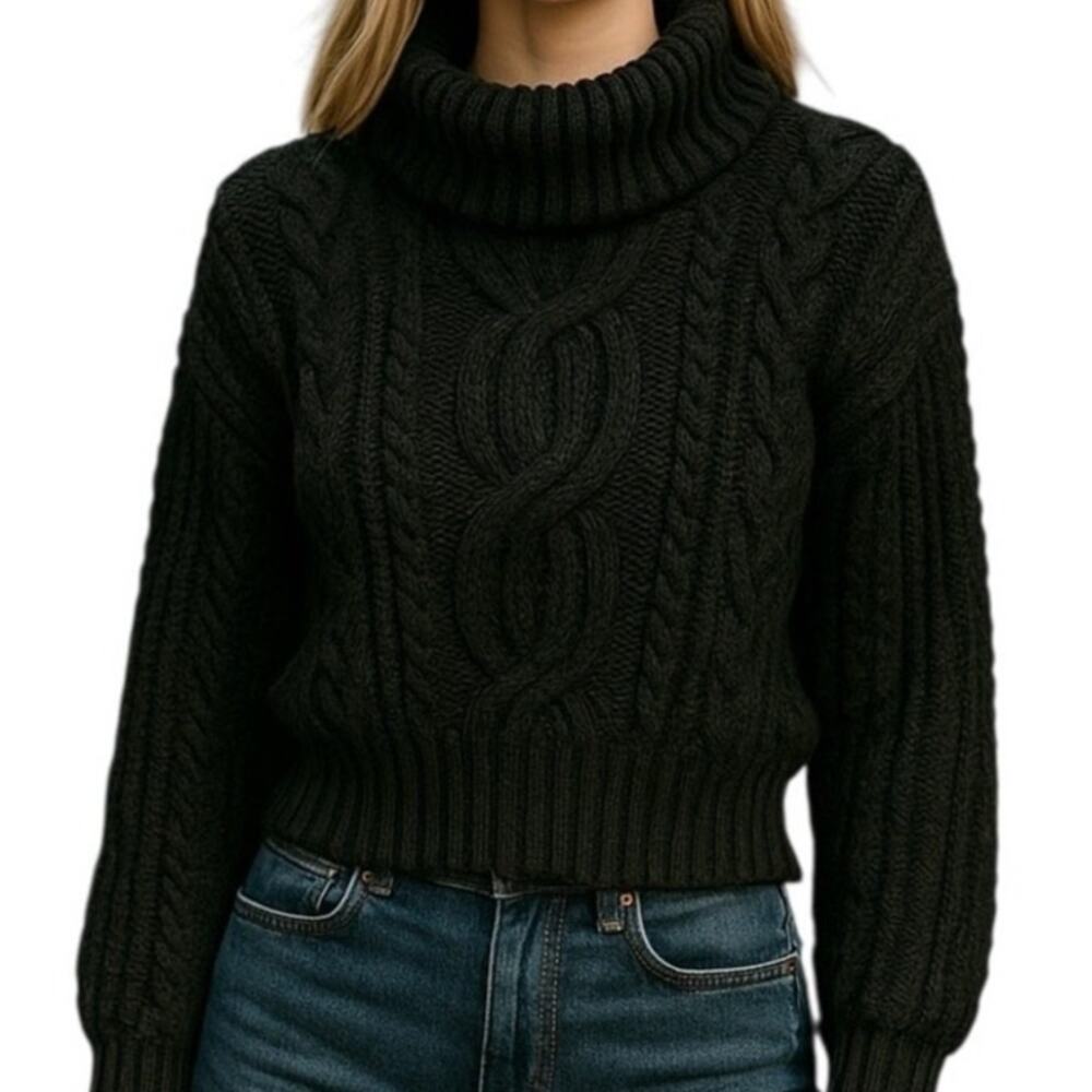 Hera Collection Sweater Womens Small Turtleneck Black Cable Knit Crop